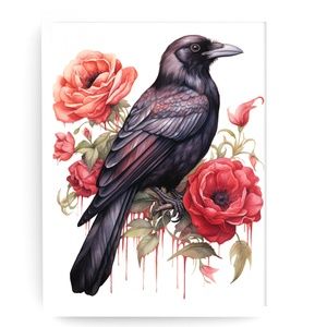 Watercolor Floral Crow Raven Wall Art Illustration Print Poster Card Unframed